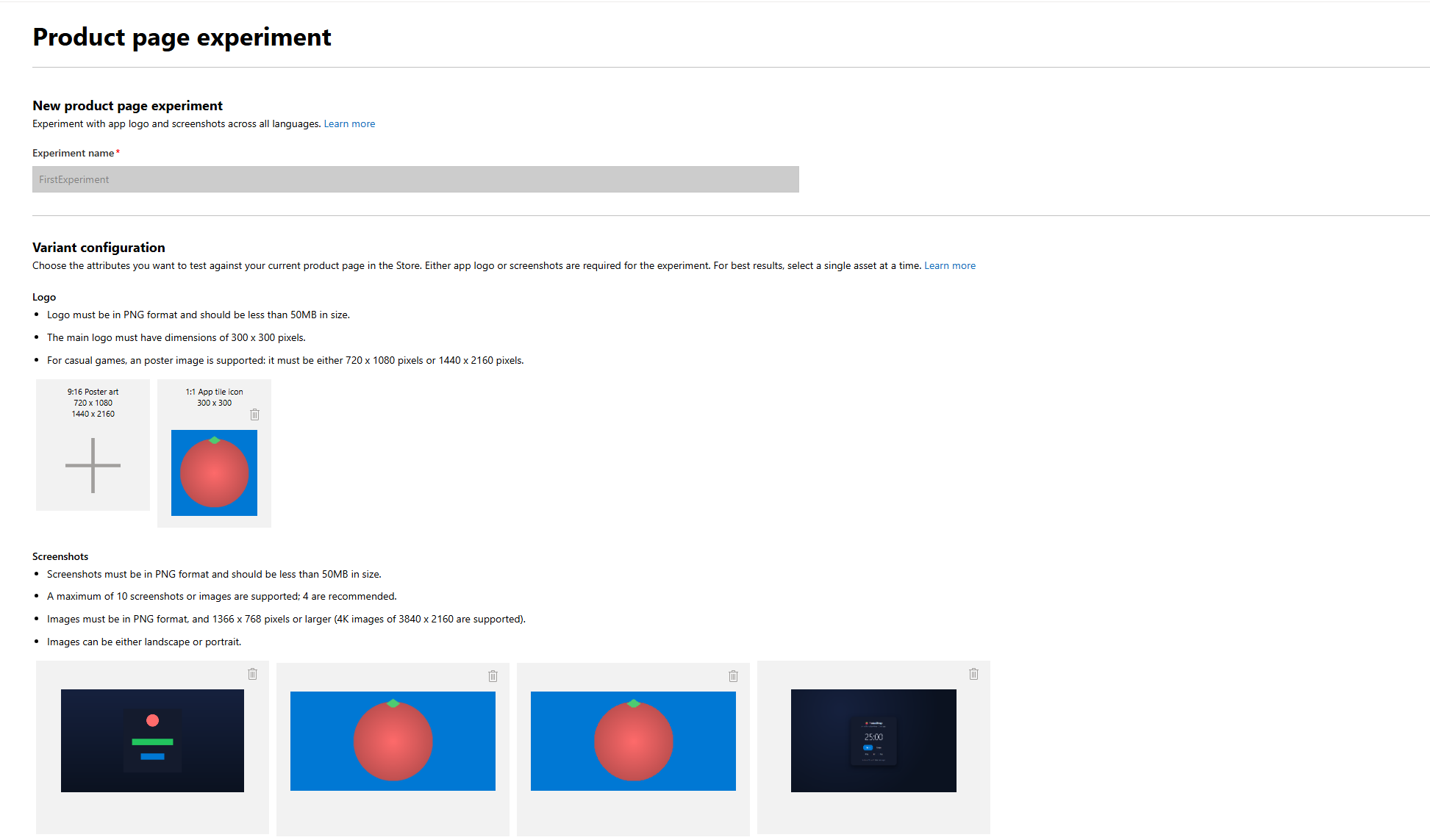 Microsoft Partner Center new product page experiment screen. Variant configuration section shows two upload areas: Logo (poster art and 1:1 app tile icon) and Screenshots (up to 10). No fields for tagline, description, keywords, category, or any text variation.